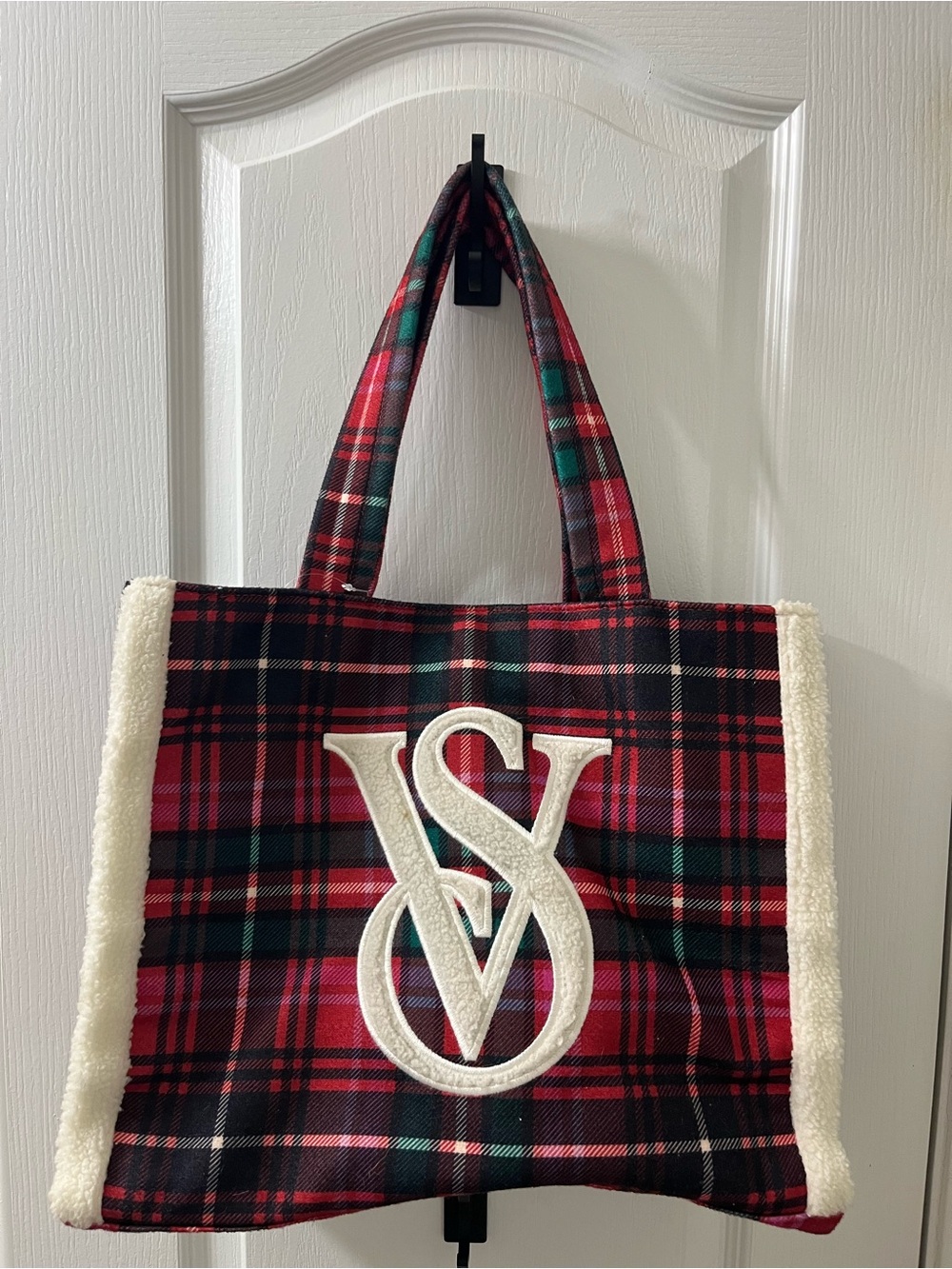Plaid Tote Bag with SV Monogram - Red Plaid